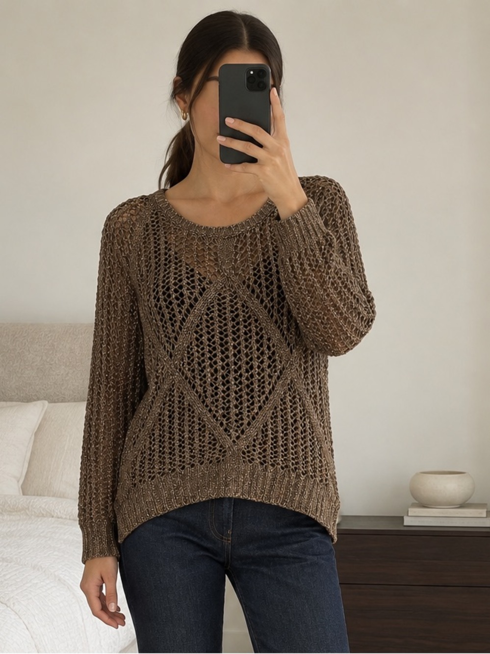 Nevada Metallic Open Knit Sweater Brown Gold Long Sleeve Size S/P